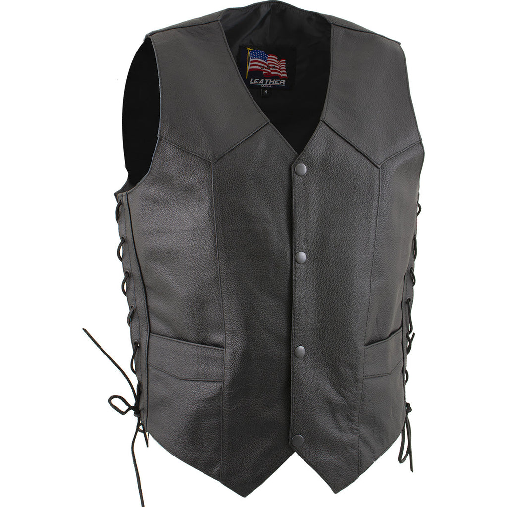 USA Leather 1202 Men's Classic ‘Side Laced’ Black Leather 4 Button Western Style Motorcycle Vest